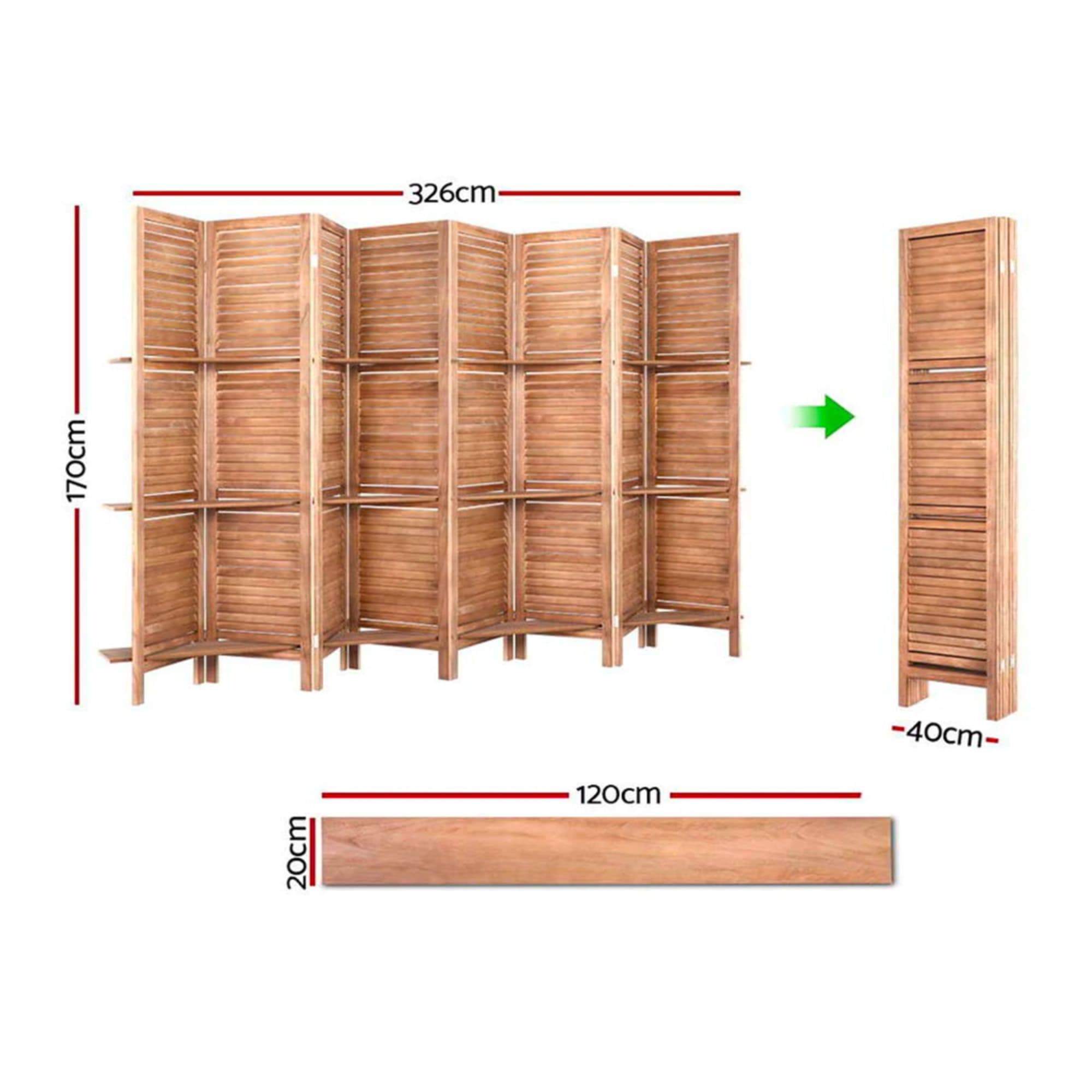 Artiss 8 Panel Wooden Room Divider with Shelf Brown Kitchen Warehouse™